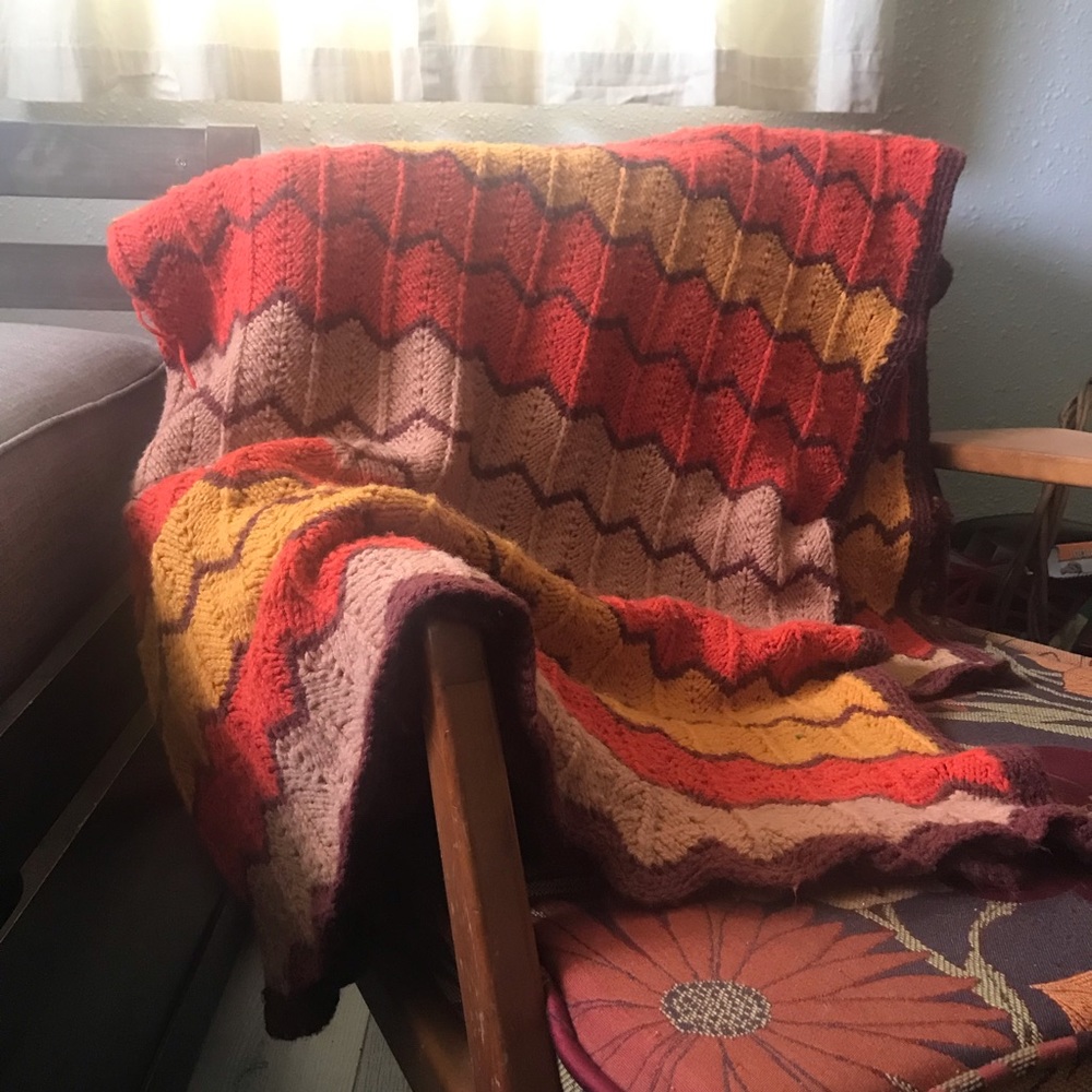 Vintage boho crochet blanket orange brown